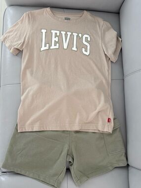 Levi's Beige Tee with Olive Green Athletic Shorts - Kids Matching Set